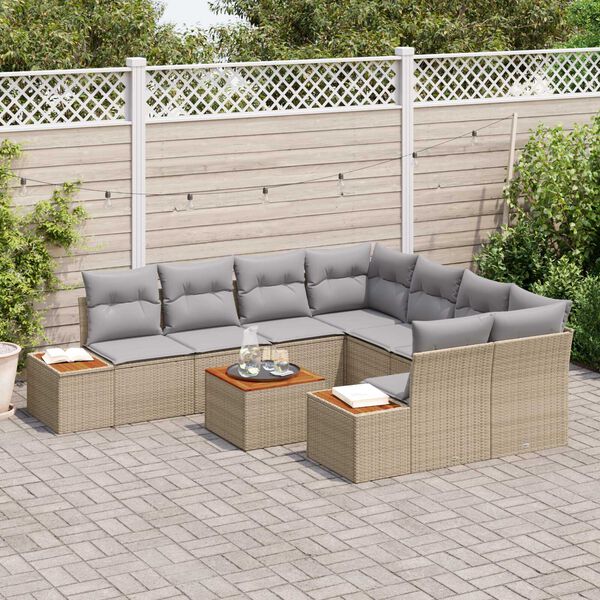 vidaXL Conjunto de sof&aacute; de jard&iacute;n con coj&iacute;n 9 pcs Beige Polirat&aacute;n