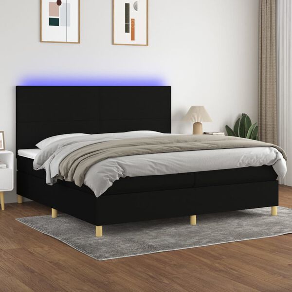 vidaXL Cama box spring colch&oacute;n y luces LED tela negro 200x200 cm