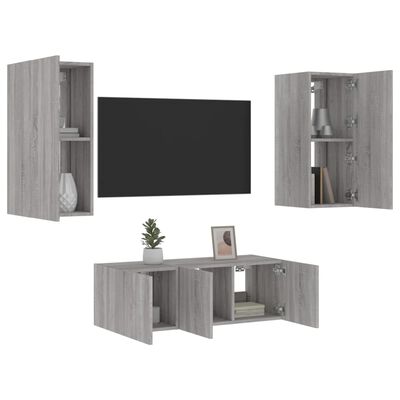 vidaXL Muebles TV pared con LED 4 pzas madera ingeniería gris Sonoma