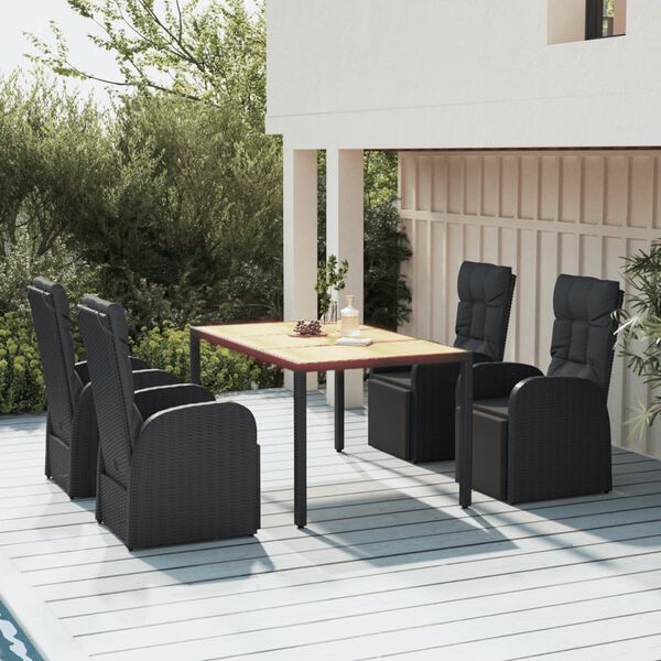vidaXL Juego comedor jard&iacute;n 5 pzas madera acacia rat&aacute;n sint&eacute;tico negro