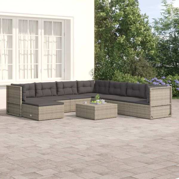 vidaXL Set de muebles de jard&iacute;n 8 pzas y cojines rat&aacute;n sint&eacute;tico gris