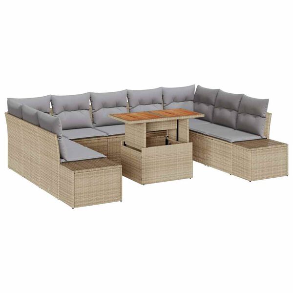 vidaXL Conjunto de sof&aacute; de jard&iacute;n 10 pcs Beige Polirat&aacute;n