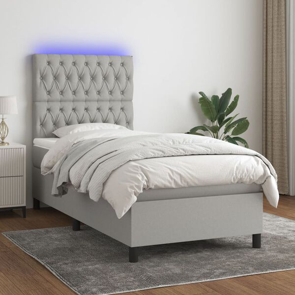 vidaXL Cama box spring colch&oacute;n y luces LED tela gris claro 90x200 cm