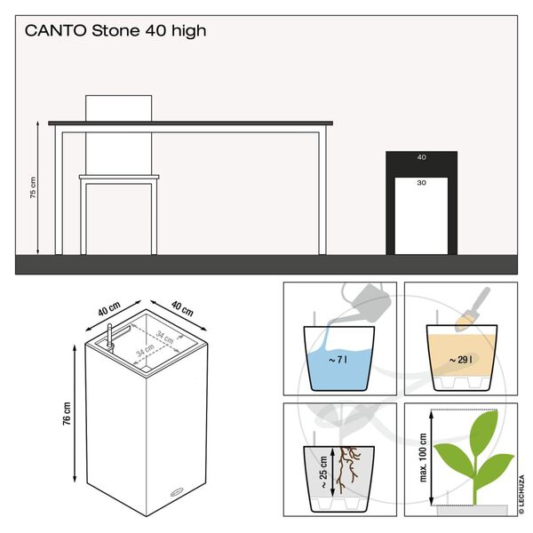 LECHUZA Jardinera CANTO Stone 40 LED High ALL-IN-ONE 40x40 cm negro