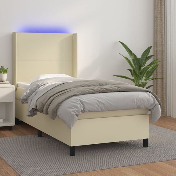 vidaXL Cama box spring y colch&oacute;n LED cuero sint&eacute;tico crema 90x200 cm