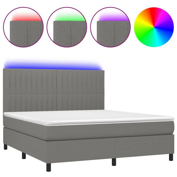 vidaXL Cama box spring colch&oacute;n y luces LED tela gris oscuro 180x200 cm