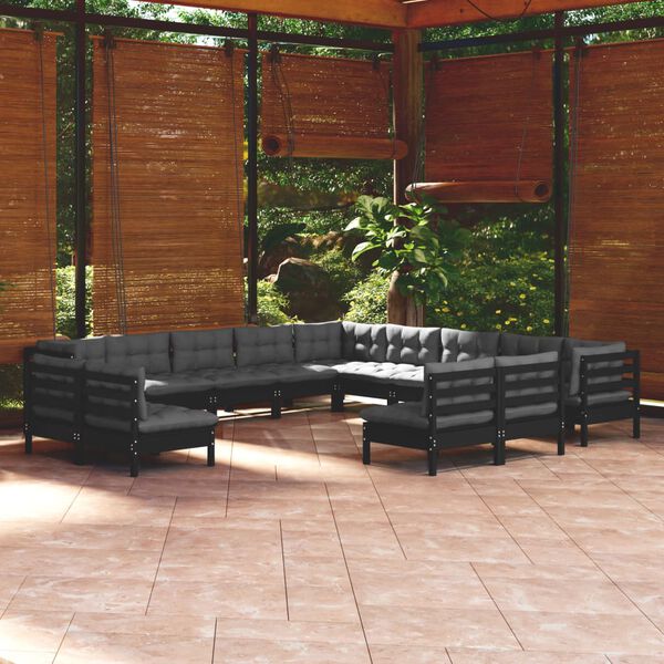 vidaXL Muebles de jard&iacute;n 13 pzas y cojines negro madera maciza de pino
