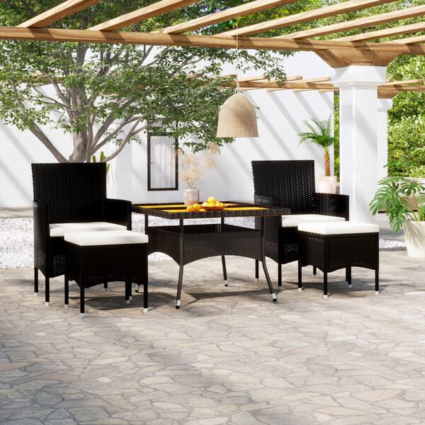 vidaXL Set comedor jard&iacute;n 5 pzas rat&aacute;n sint&eacute;tico y madera acacia negro