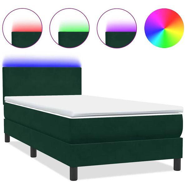 vidaXL Cama box spring con colch&oacute;n y LED terciopelo verde oscuro 80x220 cm