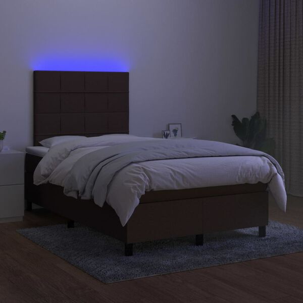 vidaXL Cama box spring con colch&oacute;n y LED tela marr&oacute;n oscuro 120x190 cm
