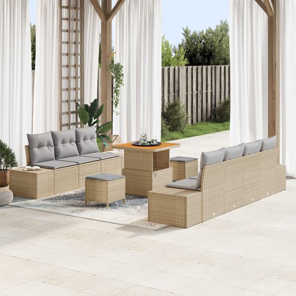 vidaXL Conjunto de sof&aacute;s de jard&iacute;n 10 pcs Beige rat&aacute;n sint&eacute;tico