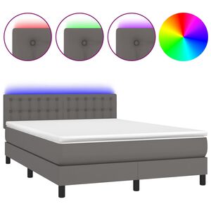 vidaXL Cama box spring colch&oacute;n y LED cuero sint&eacute;tico gris 140x200 cm
