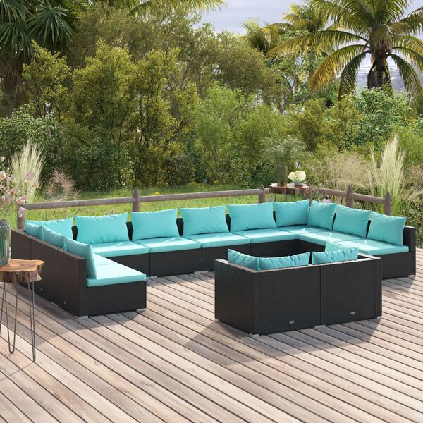 vidaXL Set de muebles de jard&iacute;n 12 pzas cojines rat&aacute;n sint&eacute;tico negro