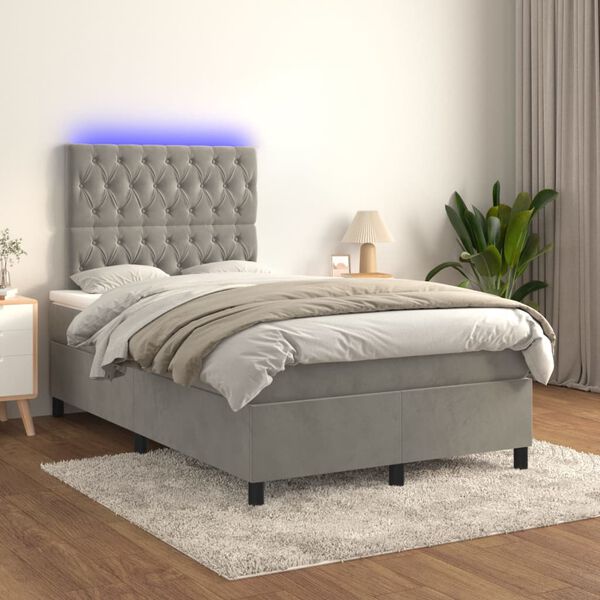 vidaXL Cama box spring colch&oacute;n y LED terciopelo gris claro 120x200 cm
