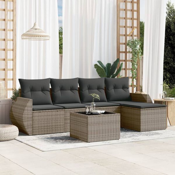 vidaXL Set de muebles de jard&iacute;n 6 pzas y cojines rat&aacute;n sint&eacute;tico gris