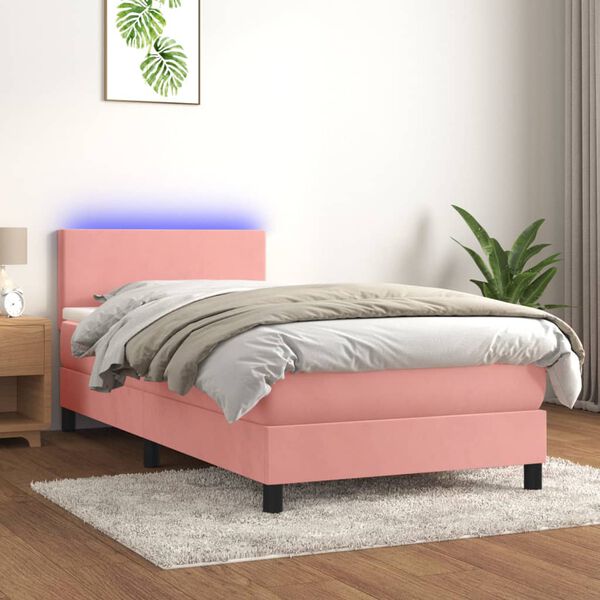 vidaXL Cama box spring colch&oacute;n y LED terciopelo rosa 100x200 cm