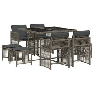 vidaXL Set comedor jard&iacute;n 9 pzas y cojines rat&aacute;n sint&eacute;tico gris