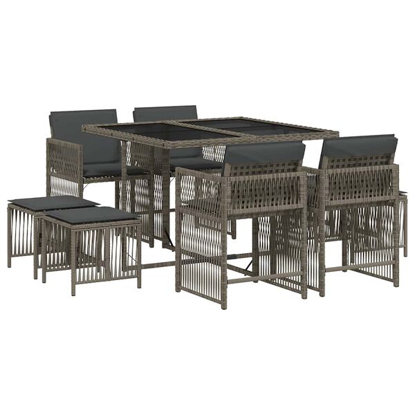 vidaXL Set comedor jard&iacute;n 9 pzas y cojines rat&aacute;n sint&eacute;tico gris