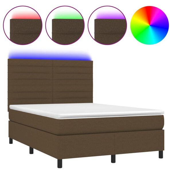 vidaXL Cama box spring colch&oacute;n luces LED tela marr&oacute;n oscuro 140x190 cm