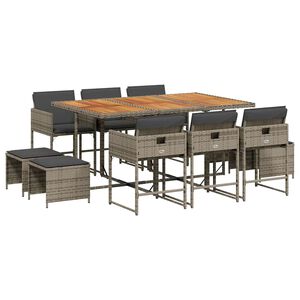 vidaXL Set de comedor de jard&iacute;n 11 pzas y cojines rat&aacute;n sint&eacute;tico gris