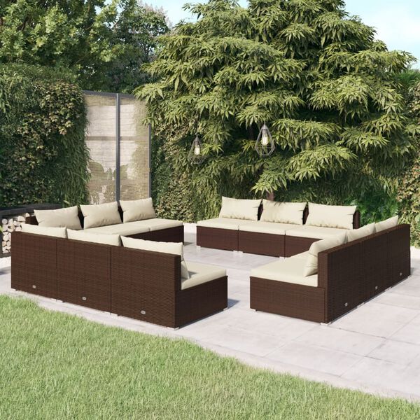 vidaXL Set muebles de jard&iacute;n y cojines 12 pzas rat&aacute;n sint&eacute;tico marr&oacute;n
