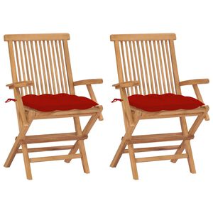 vidaXL Sillas plegables con cojines rojos, 2 unidades, madera maciza de teca.