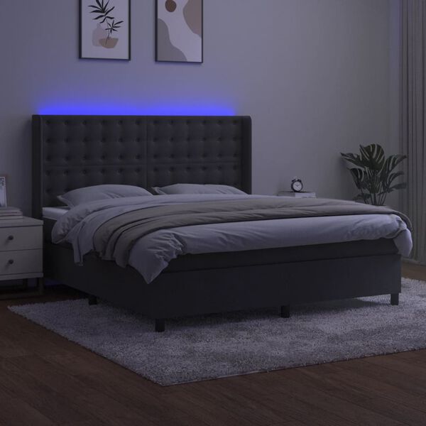 vidaXL Cama box spring colch&oacute;n y LED terciopelo gris oscuro 180x200 cm