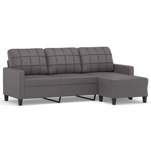 vidaXL Sof&aacute; de 3 plazas con taburete cuero sint&eacute;tico gris 180 cm