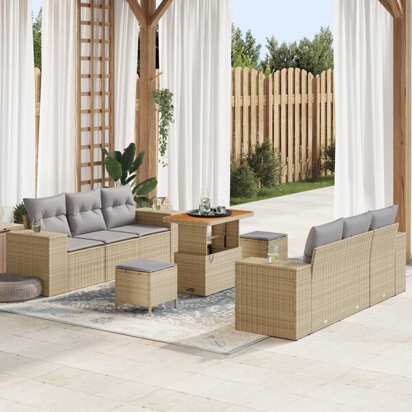 vidaXL Conjunto de sof&aacute; de jard&iacute;n 9 pcs Beige Polirat&aacute;n