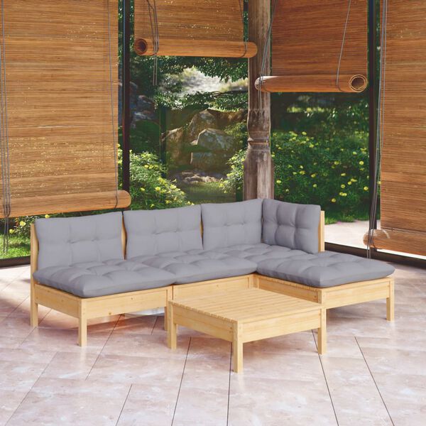 vidaXL Juego de muebles de jardín 5 pzas y cojines madera pino gris
