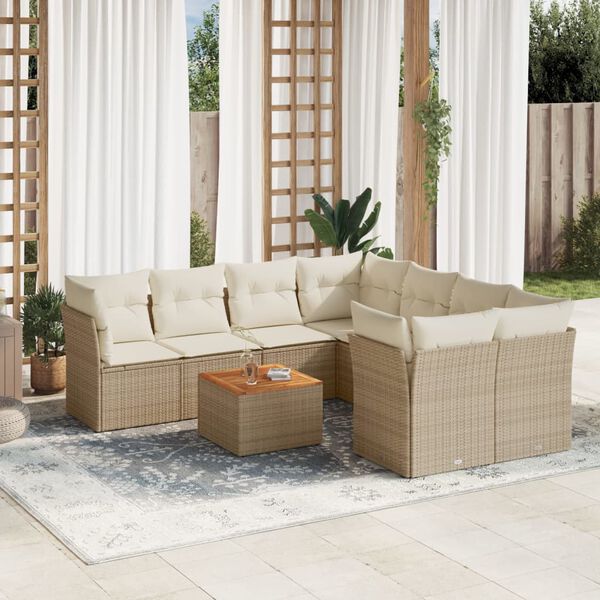 vidaXL Set de sof&aacute;s de jard&iacute;n 9 pzas con cojines rat&aacute;n sint&eacute;tico beige