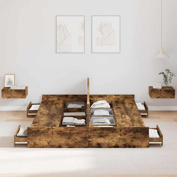 vidaXL Cama con almacenamiento con cabecera Roble ahumado 160 x 200 cm