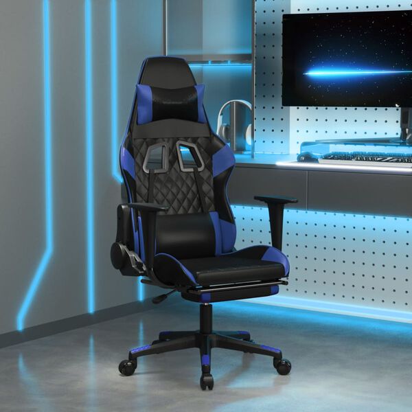 vidaXL Silla gaming de masaje y reposapi&eacute;s cuero sint&eacute;tico negro azul