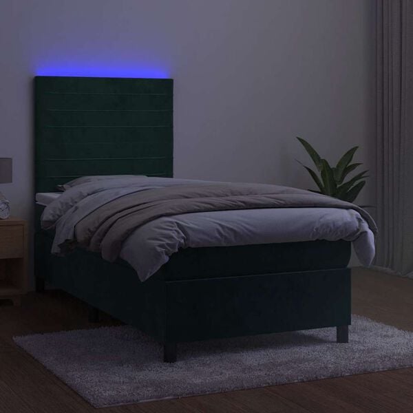 vidaXL Cama box spring colch&oacute;n y LED terciopelo verde oscuro 90x190 cm