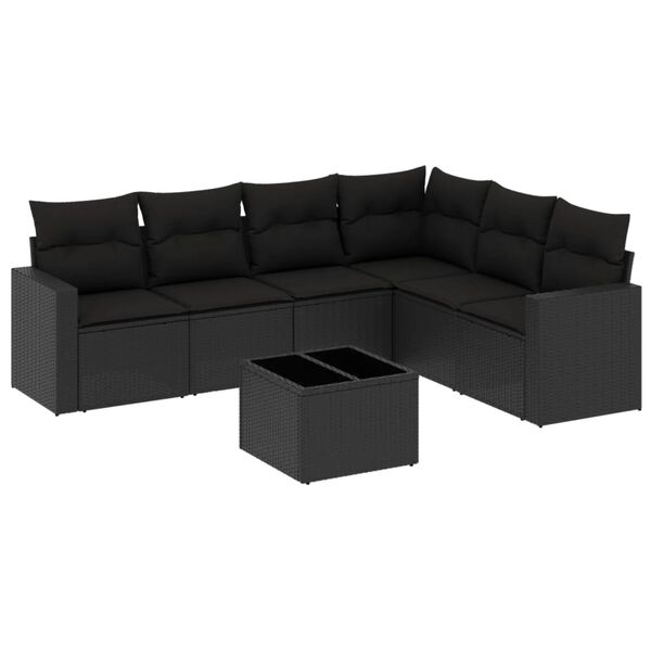 vidaXL Set de comedor de jard&iacute;n 7 pzas y cojines rat&aacute;n sint&eacute;tico negro