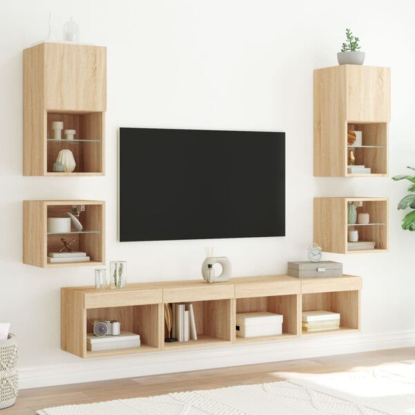 vidaXL Muebles TV pared con LED 8 pzas madera ingenier&iacute;a roble Sonoma