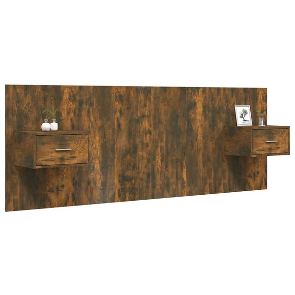 vidaXL Cabecero de cama con mesitas madera contrachapada roble ahumado