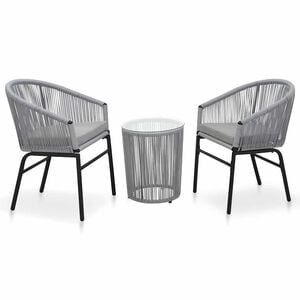 vidaXL Set mesa y sillas de jard&iacute;n 3 pzas y cojines rat&aacute;n PE gris