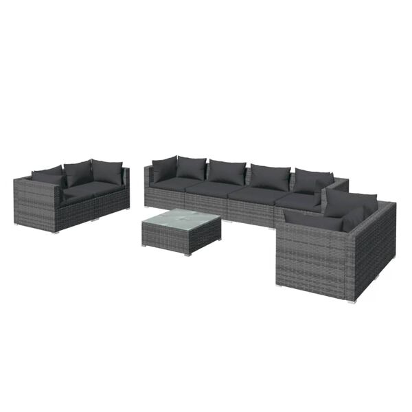 vidaXL Set de muebles de jard&iacute;n 9 pzas y cojines rat&aacute;n sint&eacute;tico gris