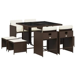vidaXL Set comedor para jard&iacute;n 9 pzas y cojines rat&aacute;n sint&eacute;tico marr&oacute;n