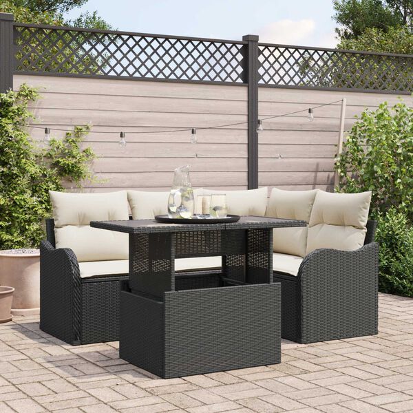 vidaXL Conjunto de sof&aacute; de jard&iacute;n 5 pcs Negro Rattan de Poli&eacute;ster