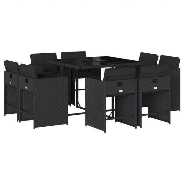 vidaXL Set de comedor de jard&iacute;n 9 pzas y cojines rat&aacute;n sint&eacute;tico negro