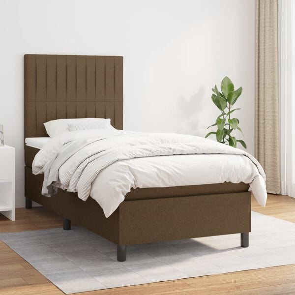 vidaXL Cama box spring con colch&oacute;n tela marr&oacute;n oscuro 90x200 cm