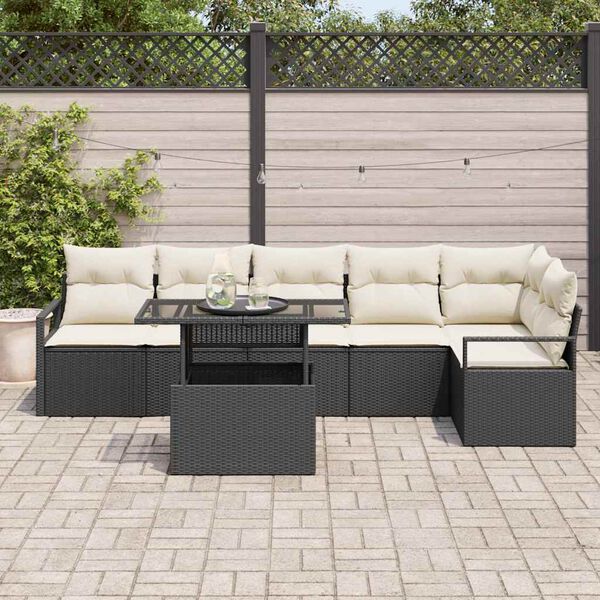 vidaXL Conjunto de sof&aacute; de jard&iacute;n 7 pcs Negro Polirat&aacute;n