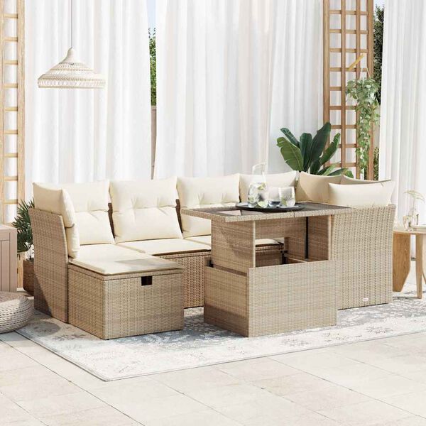 vidaXL Set sof&aacute;s de jard&iacute;n 7 piezas y cojines rat&aacute;n sint&eacute;tico beige