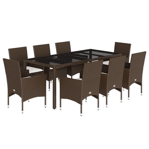 vidaXL Set comedor jard&iacute;n 9 pzas cojines rat&aacute;n sint&eacute;tico vidrio marr&oacute;n