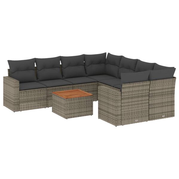vidaXL Set de muebles de jard&iacute;n 9 pzas y cojines rat&aacute;n sint&eacute;tico gris