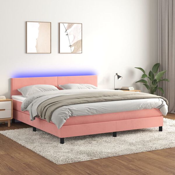 vidaXL Cama box spring colch&oacute;n y LED terciopelo rosa 160x200 cm