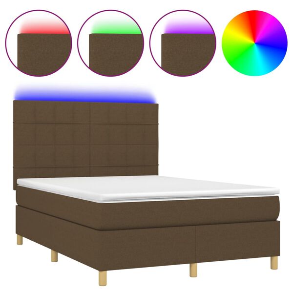 vidaXL Cama box spring colch&oacute;n luces LED tela marr&oacute;n oscuro 140x190 cm