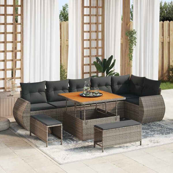 vidaXL Conjunto de sof&aacute; de jard&iacute;n 9 pcs Gris Rattan de Poli&eacute;ster